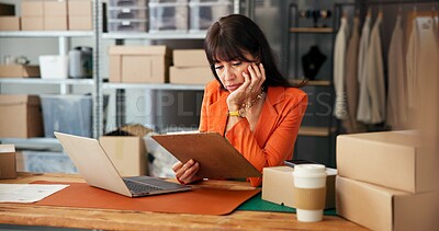 Buy stock photo Woman, clipboard and stress for logistics at startup, lost order or mistake with ecommerce for fashion. Mature person, checklist and frustrated with laptop, sales review or documents for supply chain