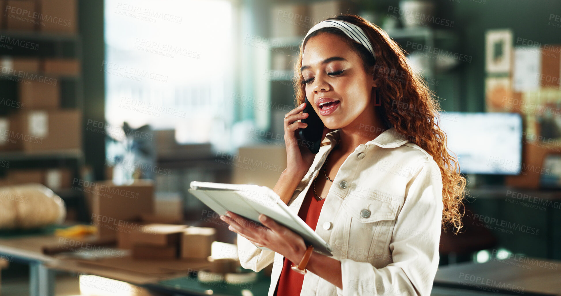 Buy stock photo Phone call, ecommerce and woman with tablet in office for distribution deal, negotiation or talk. Chat, person and logistics entrepreneur with tech for supply chain, shipping offer or small business