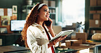 Phone call, distribution and woman with tablet in office for logistics deal, negotiation and startup. Talk, person and ecommerce entrepreneur with tech for procurement, small business and smile