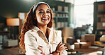 Portrait, ecommerce and happy woman in office with arms crossed for distribution, startup and pride. Smile, confident person or logistics entrepreneur, small business or supply chain worker in Brazil