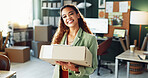 Tablet, ecommerce and happy woman with box in office for small business, distribution and pride. Technology, person and logistics entrepreneur with package for order, delivery or shipping in startup