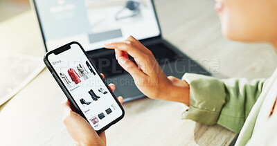 Buy stock photo Fashion, hands and phone screen with designer at desk in office for browsing or scrolling. Catalog, clothes and website with business employee in design workplace for artistic or creative decision