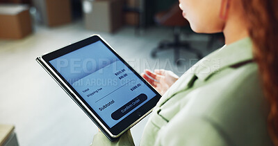 Buy stock photo Hands, woman and tablet screen with price for online shopping, confirm order and checkout. Female person, digital and ecommerce website for purchase, shipping payment and notification for commerce