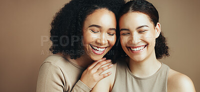 Buy stock photo Friends, skincare and women with hug, laughing or confident with glow, beauty and cosmetics benefits. Happy, embrace and self care with dermatology, studio background and people with healthy skin