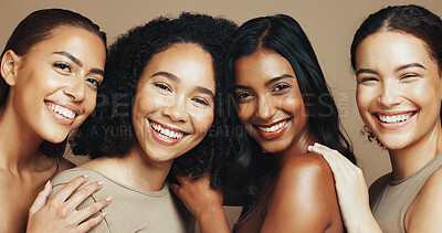Buy stock photo Women, portrait and diversity in studio for beauty, solidarity and bonding together with hug and unity. Friends, support and inclusion on brown background for love, community and natural dermatology