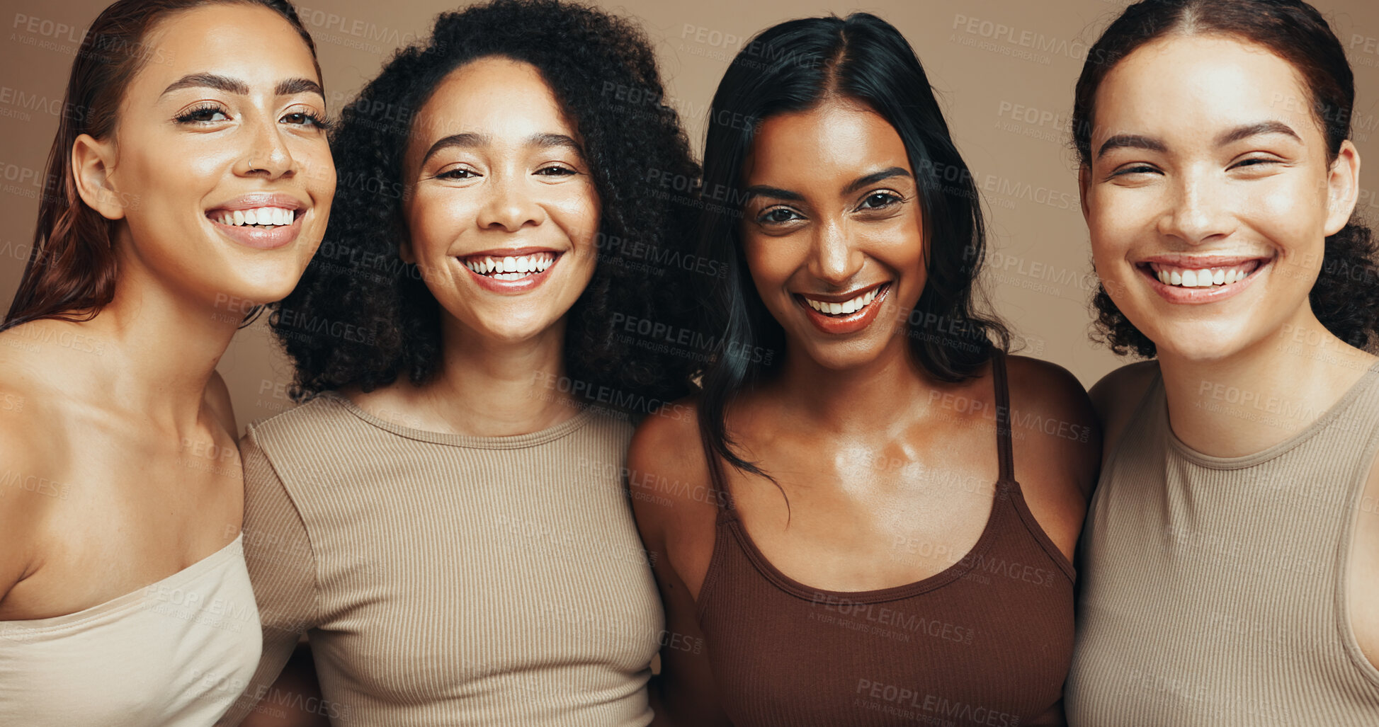 Buy stock photo Women, portrait and diversity in studio for dermatology, solidarity and bonding together with hug and unity. Friends, support and inclusion on brown background for love, community and natural beauty