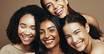 Women, smile and diversity in studio for beauty, solidarity and bonding together with hug or unity. Friends, support and portrait on brown background for love, community or natural dermatology