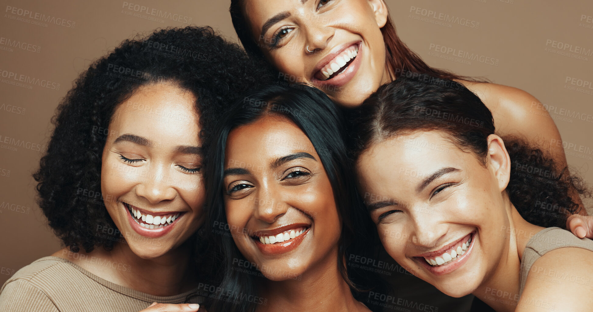 Buy stock photo Women, smile and diversity in studio for beauty, solidarity and bonding together with hug or unity. Friends, support and portrait on brown background for love, community or natural dermatology
