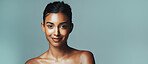 Portrait, woman and smile for skincare in studio background with beauty, healthy skin and natural shine. Mockup space, female person and cosmetics for facial glow, collagen treatment and dermatology