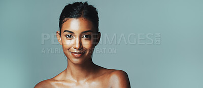 Buy stock photo Portrait, woman and smile for skincare in studio background with beauty, healthy skin and natural shine. Mockup space, female person and cosmetics for facial glow, collagen treatment and dermatology