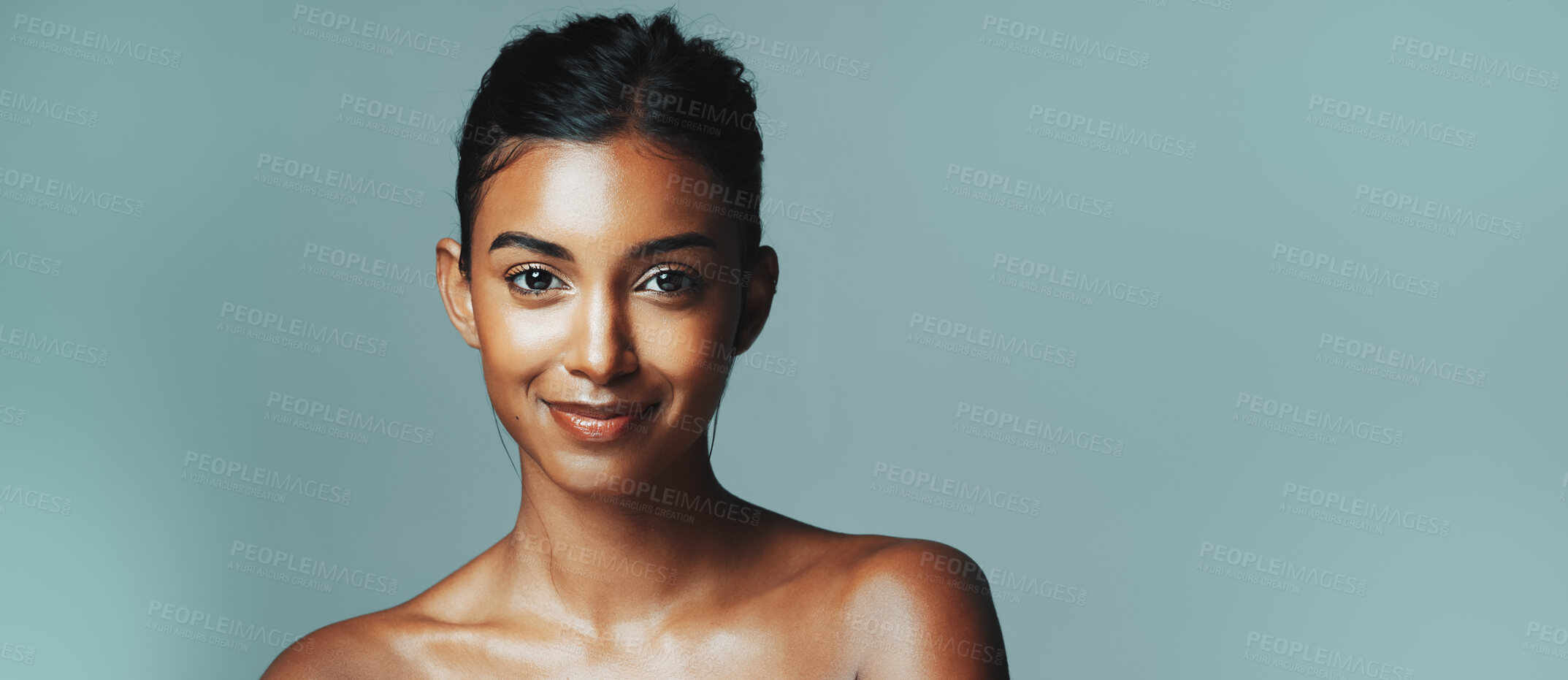 Buy stock photo Portrait, woman and smile for skincare in studio background with beauty, healthy skin and natural shine. Mockup space, female person and cosmetics for facial glow, collagen treatment and dermatology
