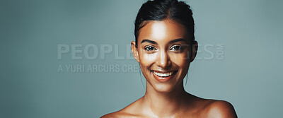 Buy stock photo Portrait, woman and happy for skincare in studio background with beauty, healthy skin and natural shine. Mockup space, female person and cosmetics for facial glow, collagen treatment and dermatology