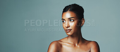 Buy stock photo Mockup space, beauty and woman in studio with skincare, glow and cosmetics for wellness. Health, thinking and female person with ideas for facial dermatology for natural hygiene by banner background.