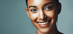 Happy, skincare and portrait of woman in studio with beauty, glow and cosmetics for wellness. Health, mockup space and female person with facial dermatology for natural hygiene by gray background.