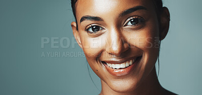 Buy stock photo Happy, skincare and portrait of woman in studio with beauty, glow and cosmetics for wellness. Health, mockup space and female person with facial dermatology for natural hygiene by gray background.