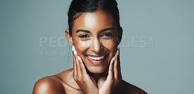 Buy stock photo Portrait, woman and happy for skincare in studio with beauty, healthy skin and natural shine. Mockup space, person and touch for facial glow, collagen treatment and dermatology wellness on background