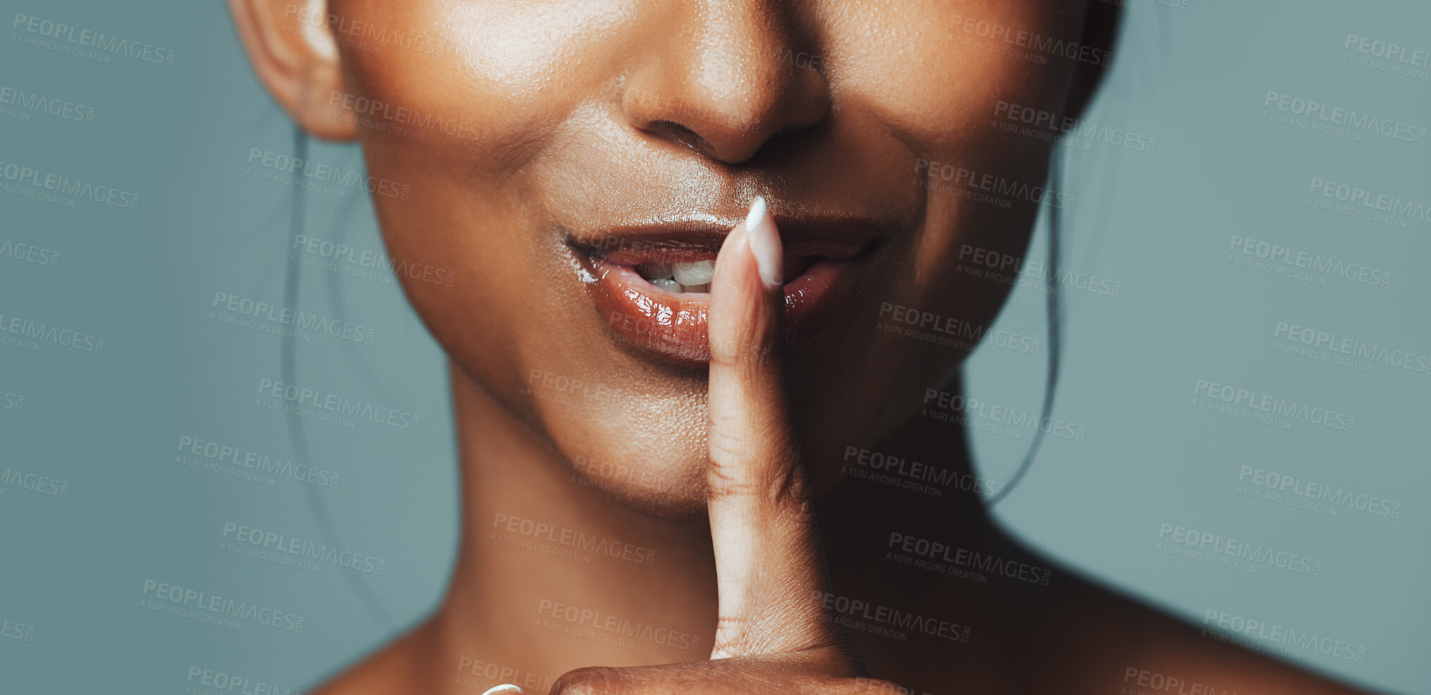 Buy stock photo Beauty, hand gesture and hush with mouth of woman in studio for cosmetics or dermatology secrets. Aesthetic, finger on lips and skincare with model isolated on gray background for gossip or privacy