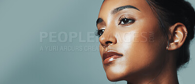 Buy stock photo Beauty, skincare and woman in studio with thinking, glow and cosmetics for wellness. Health, mockup space and female person with ideas for facial dermatology for natural hygiene by gray background.