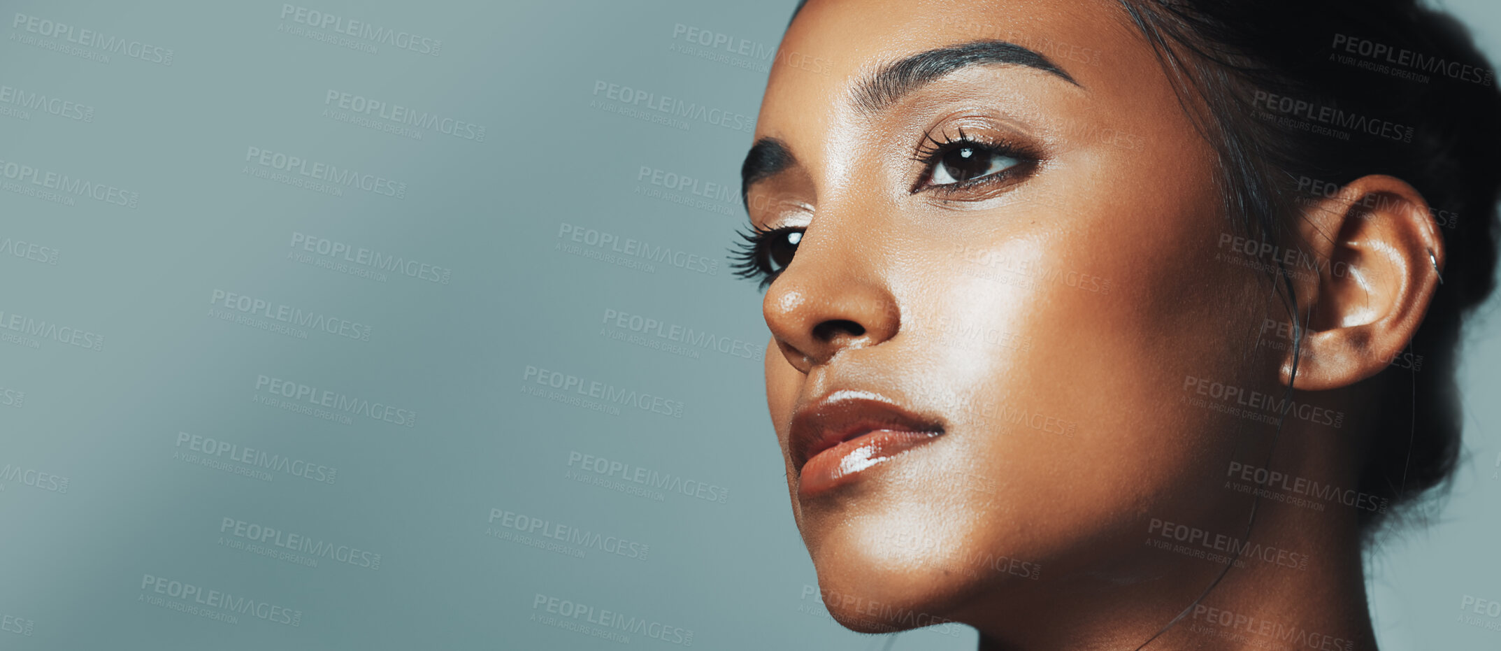 Buy stock photo Beauty, skincare and woman in studio with thinking, glow and cosmetics for wellness. Health, mockup space and female person with ideas for facial dermatology for natural hygiene by gray background.