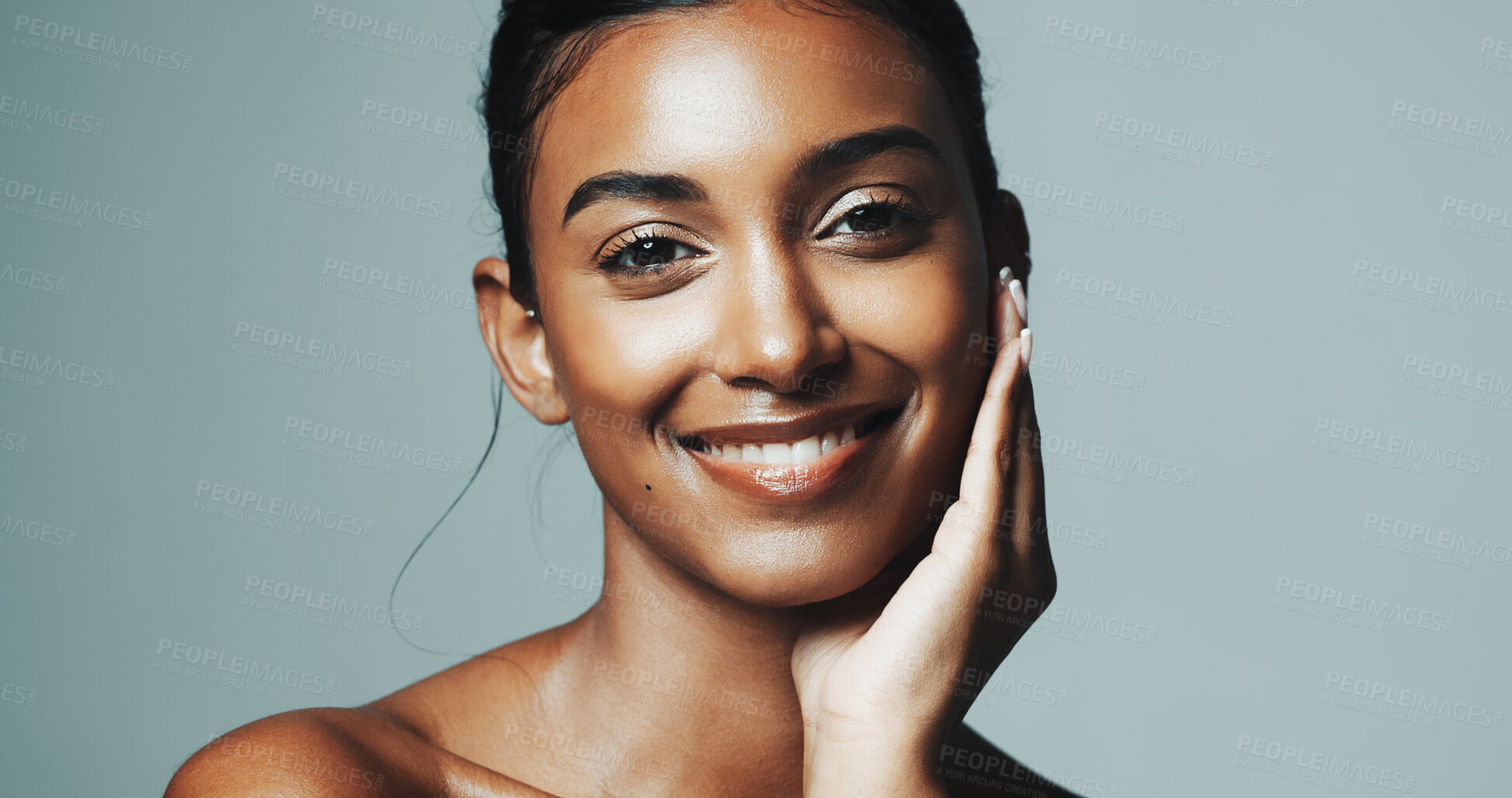 Buy stock photo Portrait, woman and beauty for skincare in studio with smile, healthy skin and natural shine. Happy, female person and cosmetics for facial glow, collagen treatment and dermatology on gray background