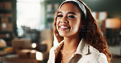 Buy stock photo Portrait, ecommerce and happy woman in office for small business, distribution startup and pride. Smile, confident person and logistics entrepreneur, distributor or supply chain worker in Mexico
