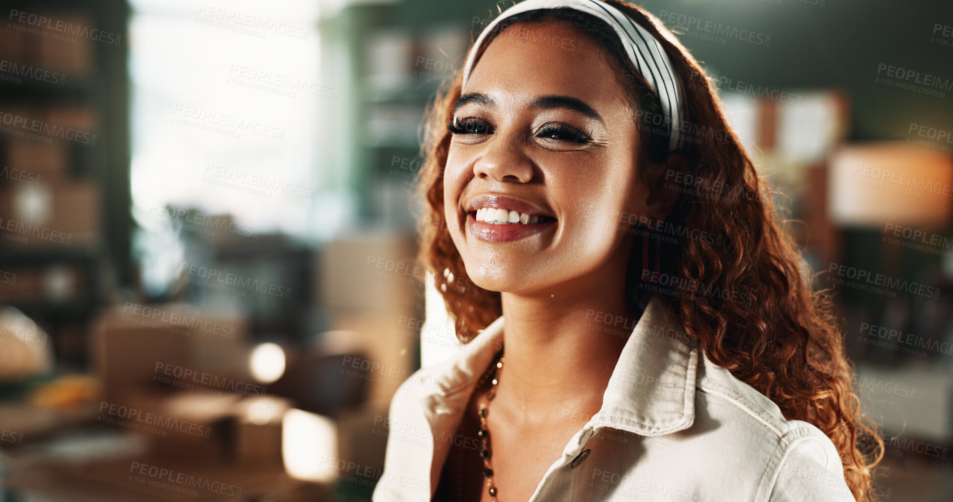 Buy stock photo Portrait, ecommerce and happy woman in office for small business, distribution startup and pride. Smile, confident person and logistics entrepreneur, distributor or supply chain worker in Mexico