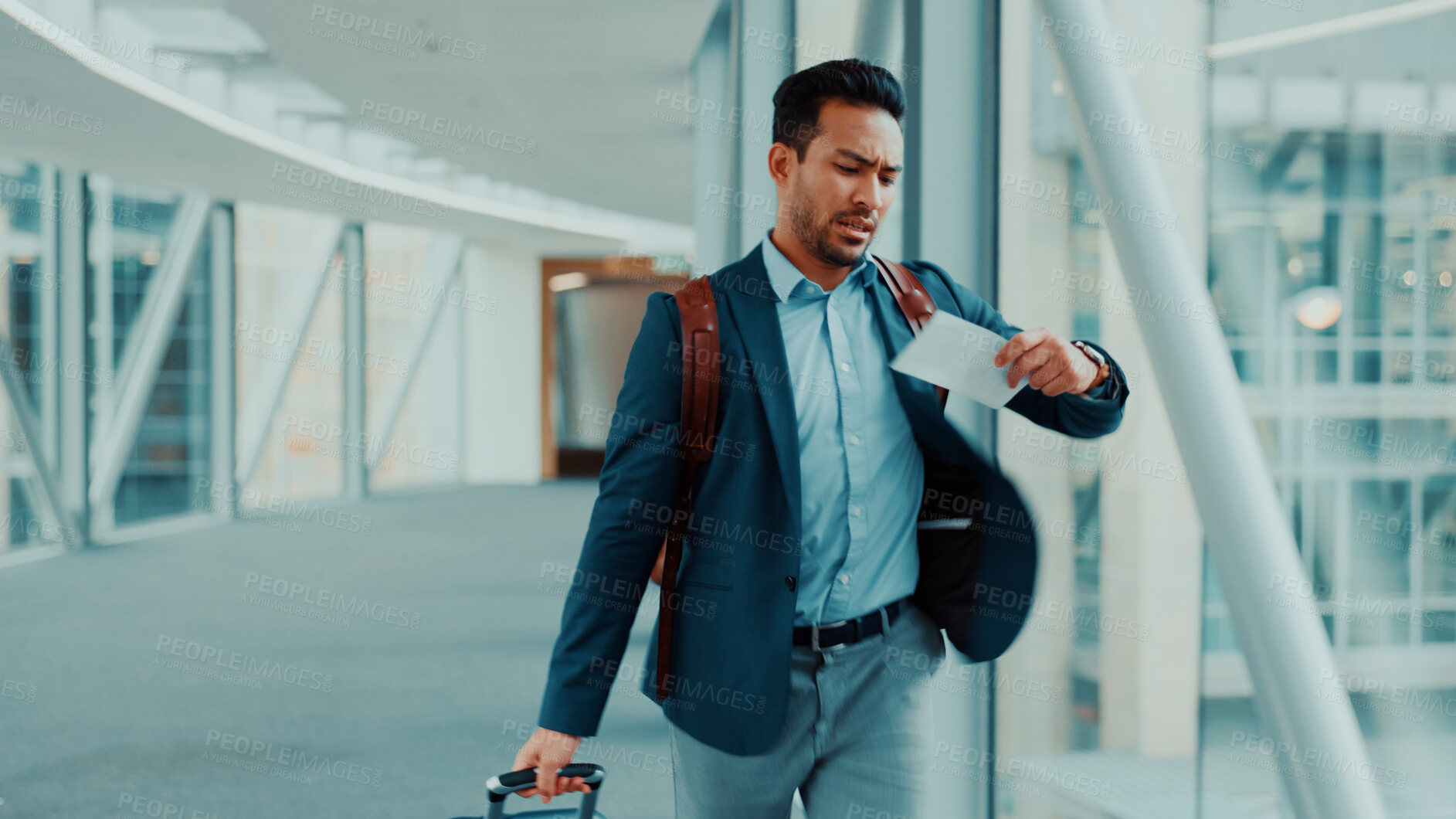 Buy stock photo Airport, stress and businessman with ticket, rush and checking info for gate direction and schedule. Late, employee and person with anxiety for international trip, luggage and reading boarding pass