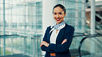 Portrait, happy woman or flight attendant at airport with arms crossed, international travel or transport. Cabin crew, professional or hostess smile for airplane services, global airline or confident