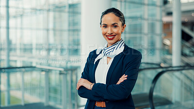 Buy stock photo Portrait, happy woman or flight attendant at airport with arms crossed, international travel or transport. Cabin crew, professional or hostess smile for airplane services, global airline or confident