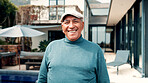 Real estate, outdoor and portrait of old man by new house, excited and residential property for smile. Retirement home, pride and senior person with happiness for moving in, purchase and investment