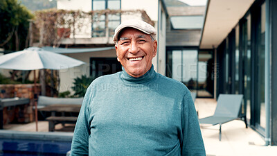 Buy stock photo Real estate, outdoor and portrait of old man by new house, excited and residential property for smile. Retirement home, pride and senior person with happiness for moving in, purchase and investment
