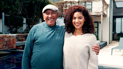 Buy stock photo Happy, portrait and woman with senior father for hug, bonding or family time together outdoor. Smile, connection and female person embracing elderly dad in backyard for pride, care and retirement.