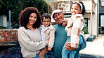 Portrait, woman and grandfather with children at new house for real estate, property purchase or care. Happy, interracial family or moving in with kids, mortgage loan and bonding together in backyard