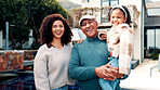 Portrait, woman and grandfather with child at new house for real estate, property purchase or security. Happy, interracial family or moving in with kid, mortgage loan and bonding together in backyard