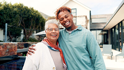 Buy stock photo Portrait, hug and senior mother with man by house for bonding, care and laugh together outdoor. Smile, elderly mom and embrace son by home for love, support and funny parent with family in Brazil