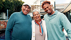 Happy, portrait and man with senior parent for hug, bonding or family time together outdoor. Smile, connection and adult son embracing elderly people in backyard for pride, care and retirement.