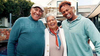 Buy stock photo Happy, portrait and man with senior parents for hug, bonding or family time together outdoor. Smile, connection and adult son embracing elderly people in backyard for pride, care and retirement.