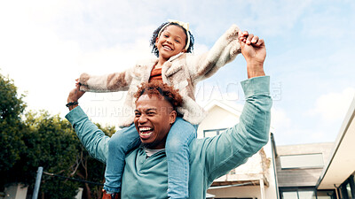 Buy stock photo Happy dad, child or shoulder with love for bonding, weekend or holiday together by home. Low angle, father or carrying daughter with smile or playful outdoor family for fun time or childhood by house
