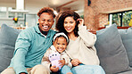 Parents, girl and hug on sofa in portrait. love and plush toy for bonding in living room at house. People, mom and dad with child, smile or relax together on couch at happy family home in Puerto Rico