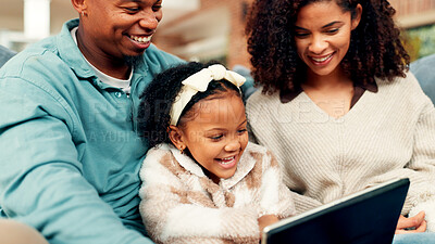 Buy stock photo Happy family, daughter or entertainment with tablet on sofa for online streaming or app in home. Mom, dad or kid playing with technology, smile or laughing for comedy movie, humor or bonding in house