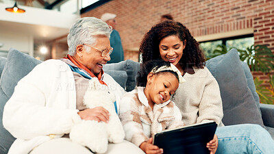 Buy stock photo Mother, grandma and girl on sofa with tablet, happy and laugh with funny movie, care and bonding. Senior woman, child and mom with app, streaming or film subscription for generations in family home