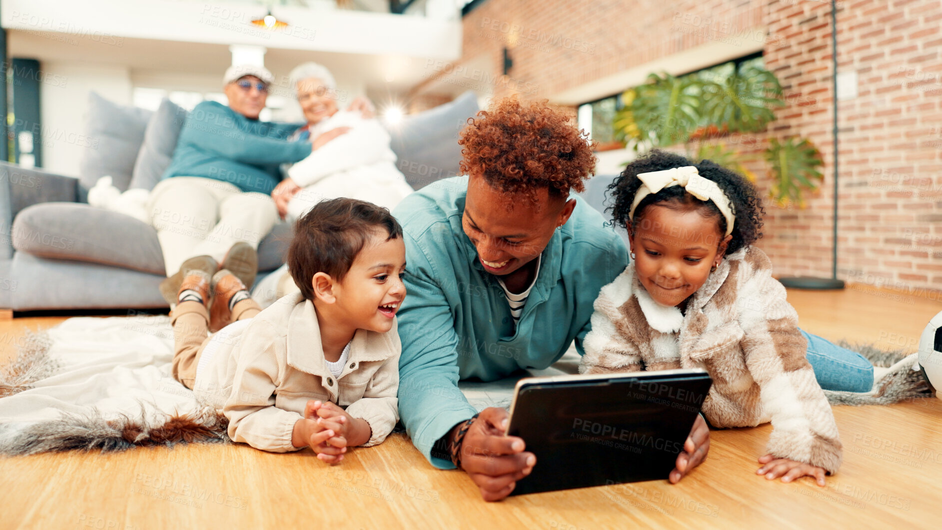 Buy stock photo Happy family, father and children with tablet on floor for entertainment, movie or education in home. Dad, kids or siblings with smile, technology or learning for app, interaction or bonding in house