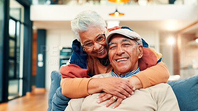 Buy stock photo Sofa, hug and portrait of senior couple in home for bonding, connection and commitment. Retirement, marriage and mature man and woman embrace for affection, love and relationship on couch together