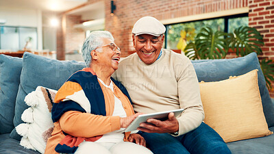 Buy stock photo Home, happy and senior couple on tablet for online streaming, bonding and laugh together. Retirement, marriage and old man and woman on digital tech for funny videos, comedy movie and relax on sofa