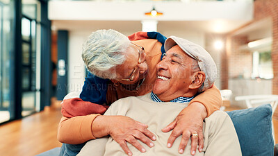 Buy stock photo Love, senior couple and hug on sofa with healthy marriage, bonding together and retirement support. Happy pensioner, elderly people and embrace in home for affection, relationship care and commitment