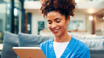 Buy stock photo Happy woman, nurse and telehealth with tablet in home for medical research, help or online advice. Female person, caregiver or smile with technology for healthcare, network or connection in house