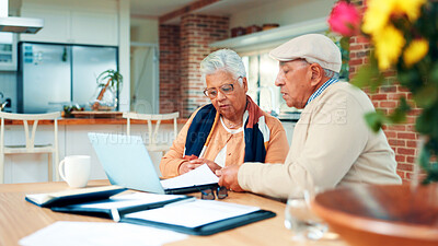 Buy stock photo Senior couple, laptop and finance documents in home with planning, review and admin for taxes. Elderly man, woman and paperwork with computer, asset management and budget with retirement income