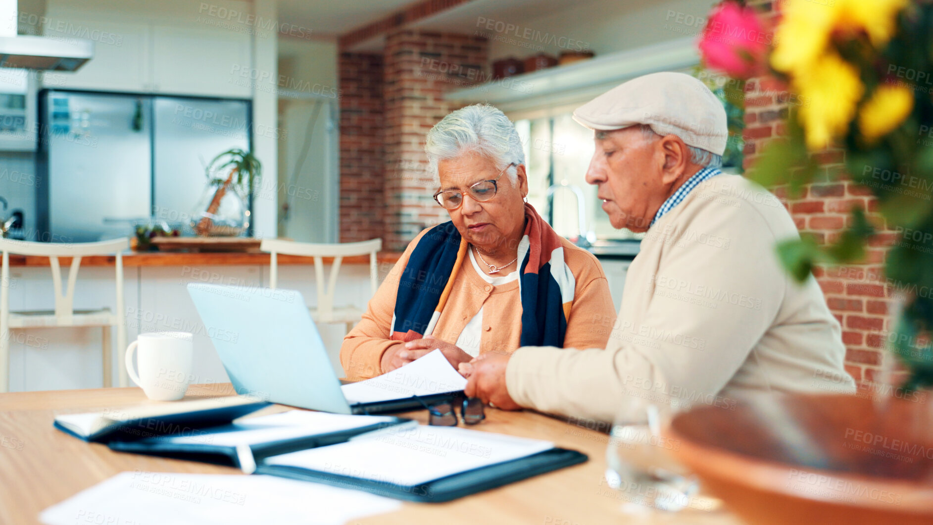 Buy stock photo Senior couple, laptop and finance documents in home with planning, review and admin for taxes. Elderly man, woman and paperwork with computer, asset management and budget with retirement income