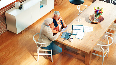 Buy stock photo Old couple, laptop and finance documents in home with planning, review and admin for insurance . Elderly man, woman and paperwork with computer, asset management and above with retirement income