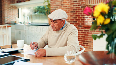 Buy stock photo Finance, old man and writing on paperwork in home for insurance application, pension fund and form. Retirement planning, senior person and documents for asset management, legal contract or compliance